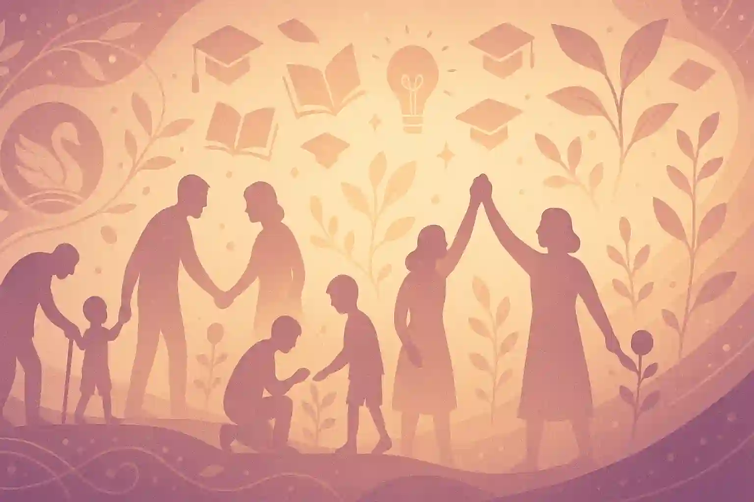 Community connection and growth background illustration with diverse people, educational elements, and unity symbols in warm purple tones